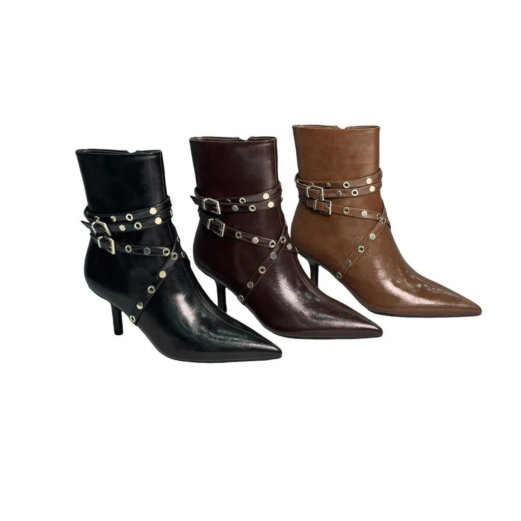 T-B020 Fashionable Girls Pointy Toe Buckle Straps High Heel Black Calf Boots