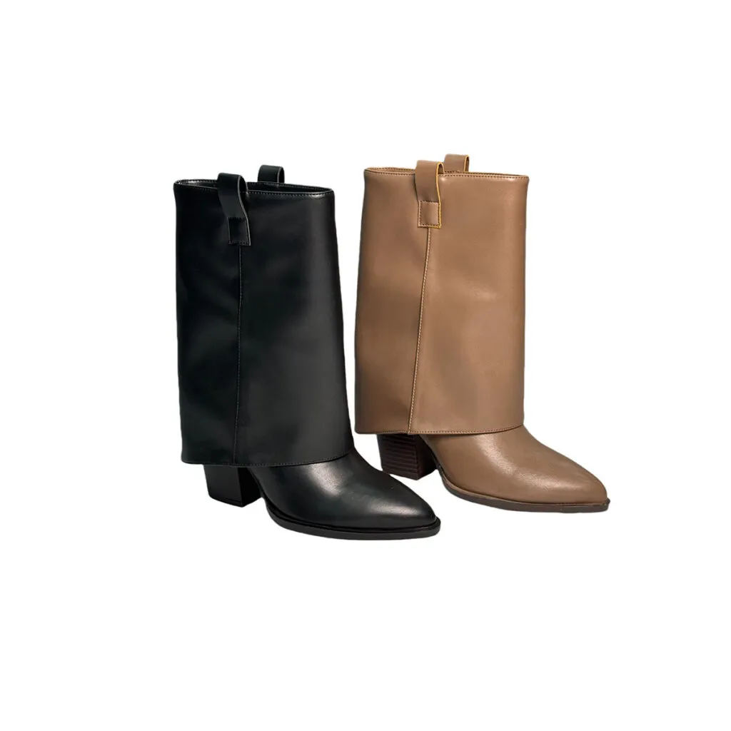 T-B031 Chunky Heels Pointed Toe Overlay Shoes Suede Pants Boots Women’s Folded Booties