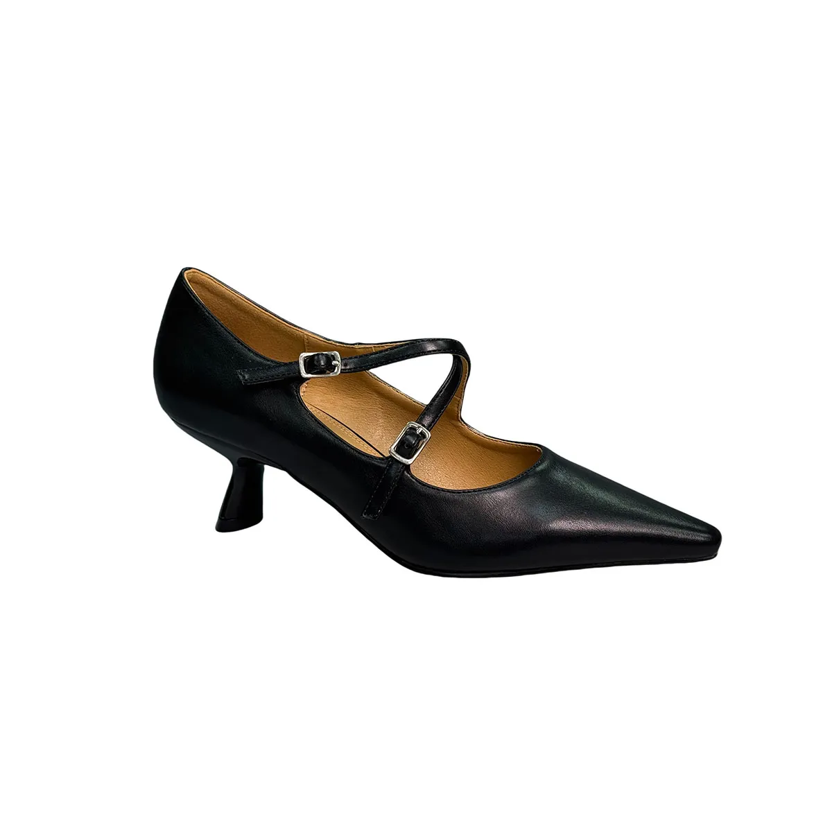 T-C066 Black Leather Thick Heel Cross Buckle Commuting Single Shoes Women's French Lower-heeled Mary Jane Shoes