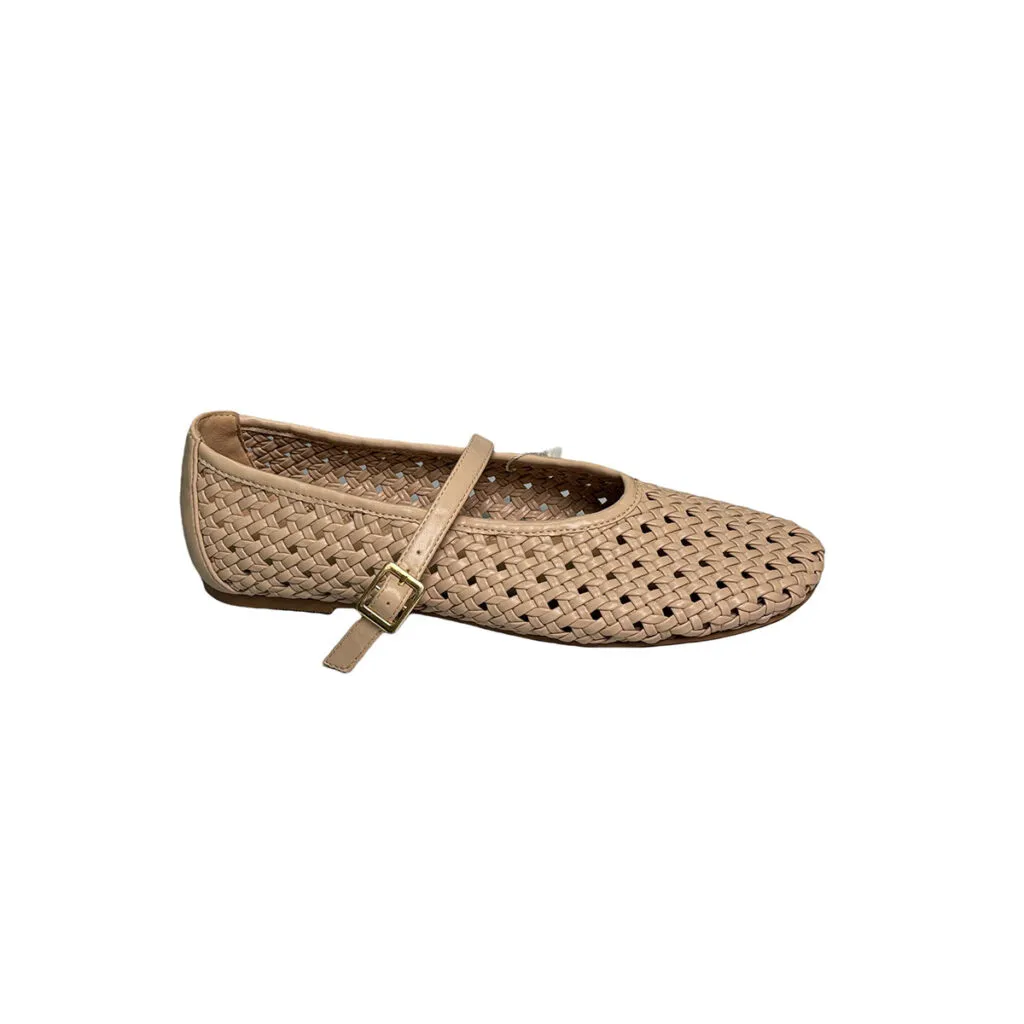 T-F022 Pointed Toe Latest Foot Wear Ballet Flats Single Buckle Strap Beige Raffia