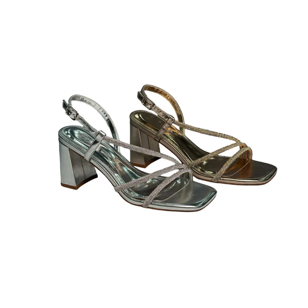 T-S009 고급 실버 스퀘어 발가락 미드 힐 웨지 샌들을위한 우아한 캐주얼 드레스/파티 탑 스트랩 교차 샌들