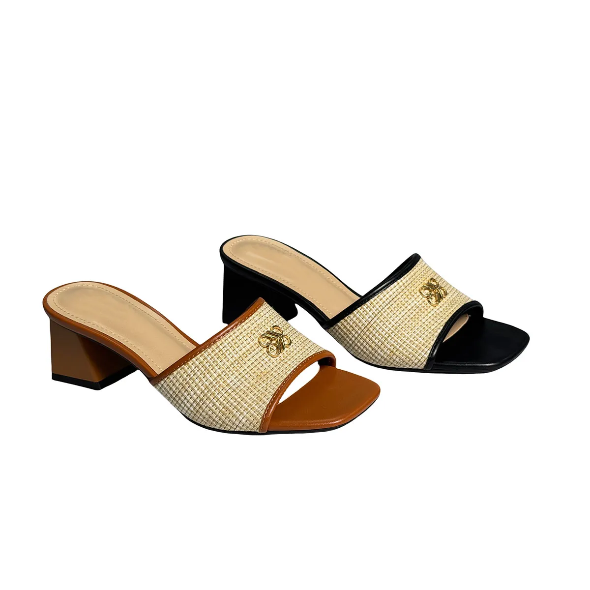 T-S025 Raffia Woven Retro Low Chunky Heel Fancy Vintage Woman Sandals