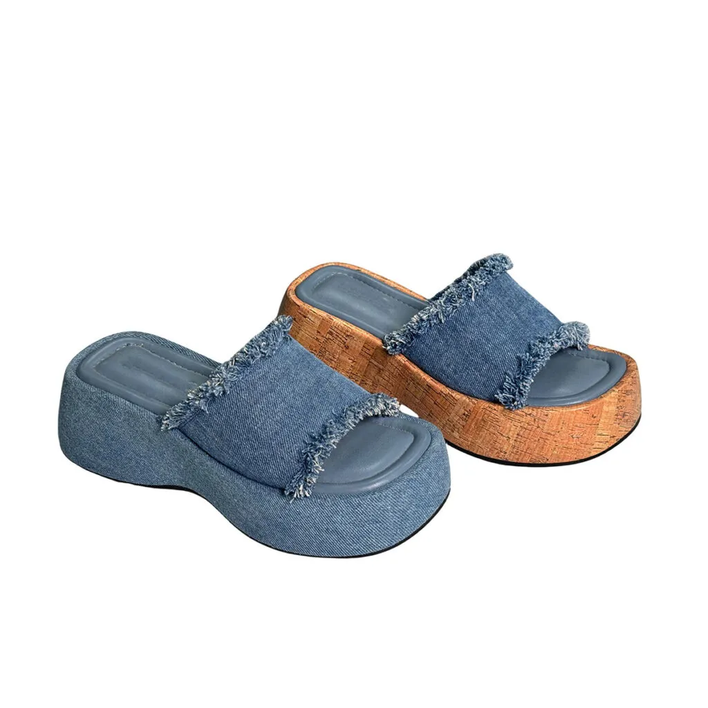 T-W003 New Arrival Fashion Trendy Thick Outsole Denim Women Wedges Platform Wedges
