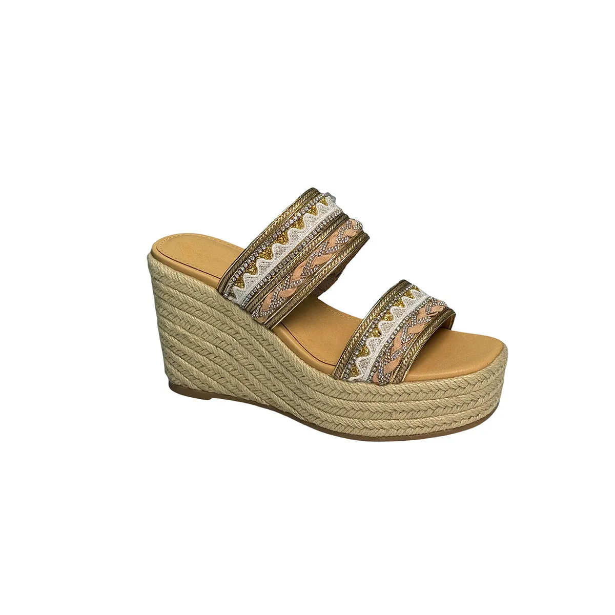 T-W015 Summer New Fashion Versatile Sandals Large Casual Canvas Linen Sandals Soft Sole Slope Heel Double Row Sandals