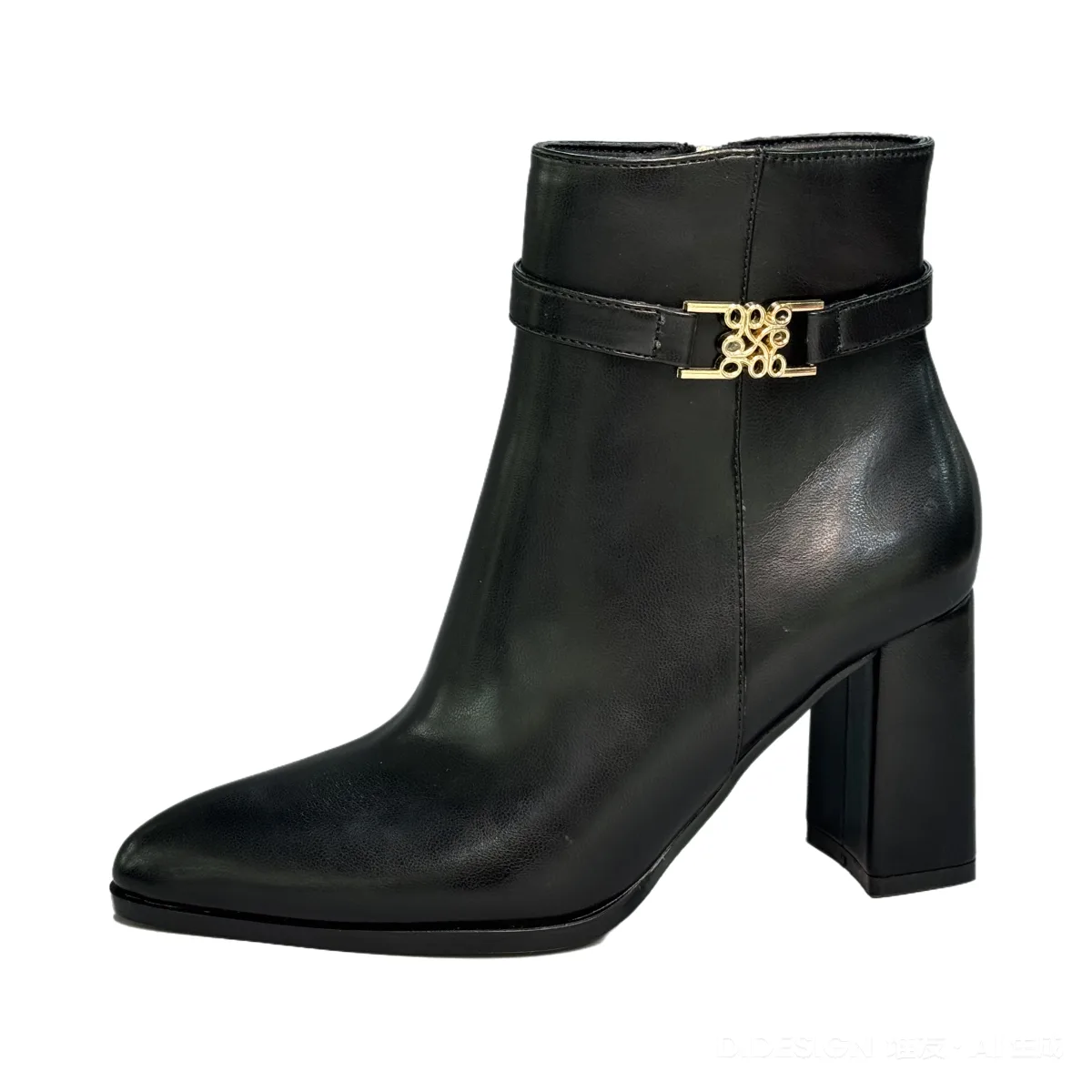 T-B054 Women's Mid-Calf Patent PU Ankle Boots Gold Buckles Pointed Toe Stiletto High Heel Booties Comfortable Height Increasing Design