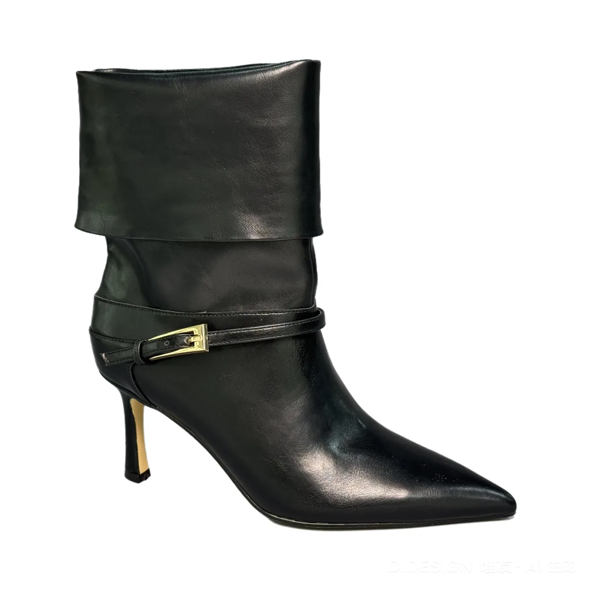 T-B057 Women's Metal Buckles Short Boots Spike High-Heeled Pointed Toe Ankle Booties Turn Over Slip on Shoes